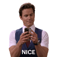 a man in a suit is taking a picture of himself with the word nice written below him