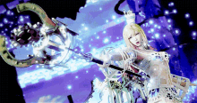 a woman in a white dress is holding a large sword