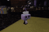 a purple object is floating in a room with a yellow floor