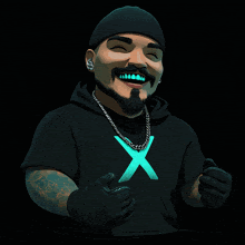 a man wearing a black shirt with a blue x on the front
