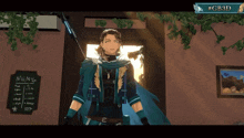 a video game character stands in front of a menu sign