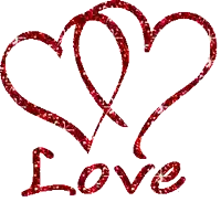 two red hearts and the word love written in red glitter