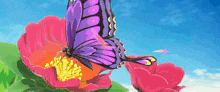 a butterfly is sitting on a pink flower with a blue sky in the background
