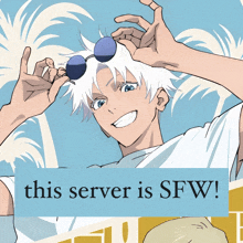 a picture of a boy wearing sunglasses with the words this server is sfw below it
