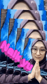 a woman wearing glasses and a hijab is surrounded by pink letters that say pi