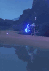 a man in a black coat is holding a sword in front of a blue flame .