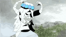 a black and white drawing of a person wearing a flower crown on their head