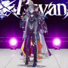 a group of anime characters are standing on a stage in front of a sign that says " evan "