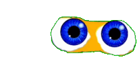 a pair of cartoon eyes with blue eyes on a yellow background .