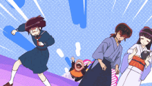 a girl in a school uniform is standing next to a man in a kimono and a woman in a kimono