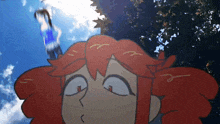 a cartoon of a girl with red hair is looking up at the sky