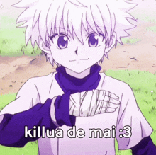 a young boy with white hair and a bandaged hand is standing in a field with his hands folded in front of his chest .