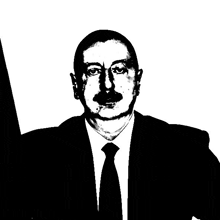 a black and white drawing of a man with a mustache in a suit and tie