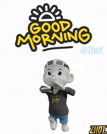 a cartoon character is standing in front of a good morning sign