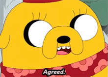 a close up of a cartoon character with the word agreed on it