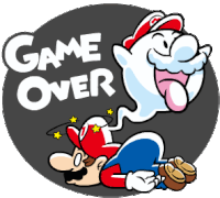 a cartoon of mario and a ghost with the words game over above them