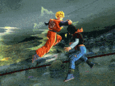 a cartoon of a man fighting another man with chinese writing on his back