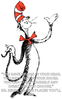 dr. seuss 's cat in the hat is wearing a red and white hat and tie .