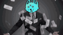 a man in a suit and tie is surrounded by money that is falling from the sky .