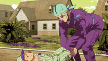 a man in a purple jumpsuit is standing next to a man in a green striped shirt