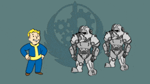 a cartoon of vault boy standing next to two armored robots