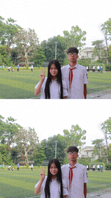 a boy and a girl are posing for a picture in a field
