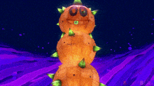 a cartoon drawing of a pumpkin with green spikes