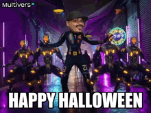 a cartoon of a man dancing with the words happy halloween