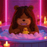 a cartoon bear is taking a bath in a tub with a yellow rubber duck