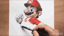 a person is drawing mario on a piece of paper with a pencil