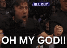 a man wearing headphones says " oh my god " in front of a crowd