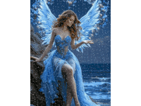 a woman in a blue dress with angel wings is sitting on a rock