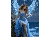 a woman in a blue dress with angel wings is sitting on a rock