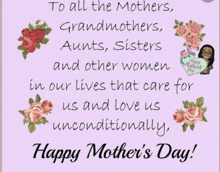 a happy mother 's day card with flowers and a woman 's face
