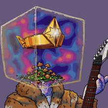 a man in a suit is smoking a cigarette with a pyramid in a cube on his head