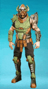 a man with horns on his head is wearing a green and orange outfit