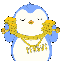 a penguin is wearing a gold chain around its neck and holding a stack of gold bars