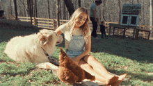 a woman is sitting on the grass with a dog and chickens