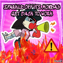 a cartoon character is holding a megaphone and says get back to work