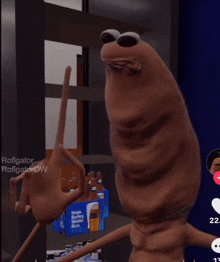 a cartoon character giving the ok sign in front of a shelf of beer bottles