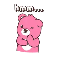 a pink teddy bear with arms crossed and the word hmm below it