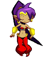 a cartoon character with purple hair and red pants is dancing with her eyes closed .