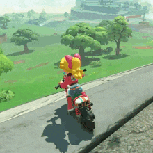 a video game character is riding a motorcycle on a road