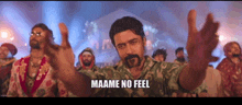 a man with a beard is standing in front of a crowd with his arms outstretched and says maame no feel