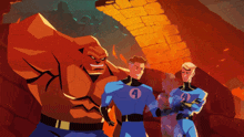 a cartoon drawing of the fantastic four with the number 4 on their uniform