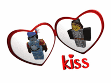 two hearts with a man and a woman inside of them with the word kiss below them