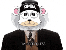 a cartoon bear wearing a beanie that says kimba