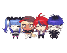 a group of anime characters are standing next to each other and one of them is wearing a hat that says i love you