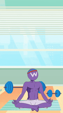 a man with a w on his head sits in a lotus position