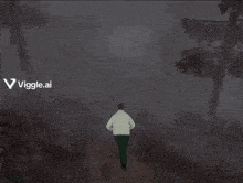a man in a white jacket is walking through a foggy forest with a viggle.ai logo behind him
